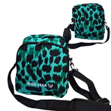 Emerald Leopard crossbody bag, showing the Wild Legs logo with a front and back view