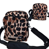 Leopard print bags with 'Wild Legs' branding on a white background