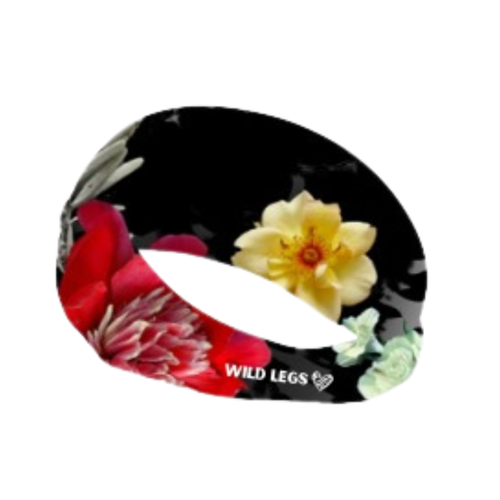 Black headband with colourful floral designs on a white background