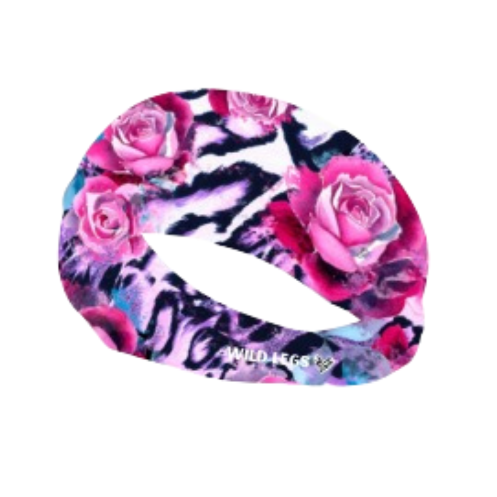 headband with pink roses and black and white pattern on a white background