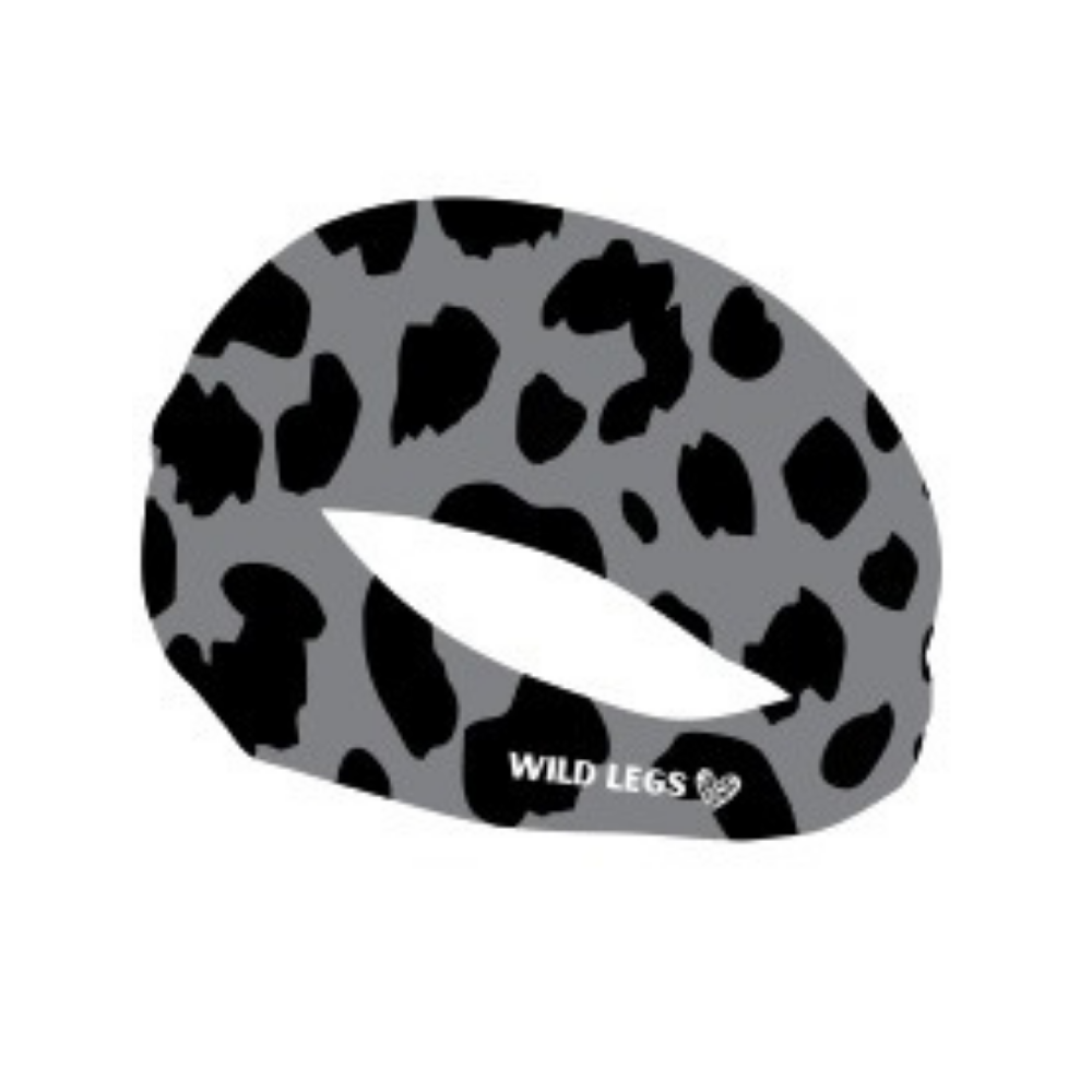 Leopard print headband with 'Wild Legs' branding on a white background