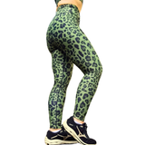 Khaki Green leopard print leggings worn by a person on a white background