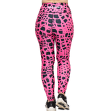 Pink and black patterned leggings with a visible brand logo on a white background
