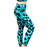 Emerald Leopard Print Patterned Leggings, side view on a white background