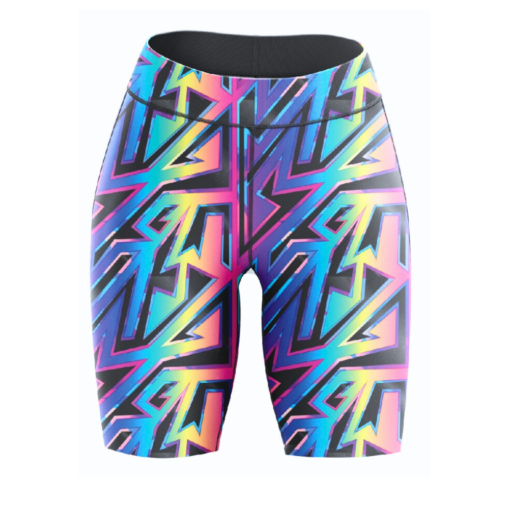 Multicolored geometric patterned shorts on a white background