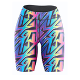Multicolored geometric patterned shorts on a white background