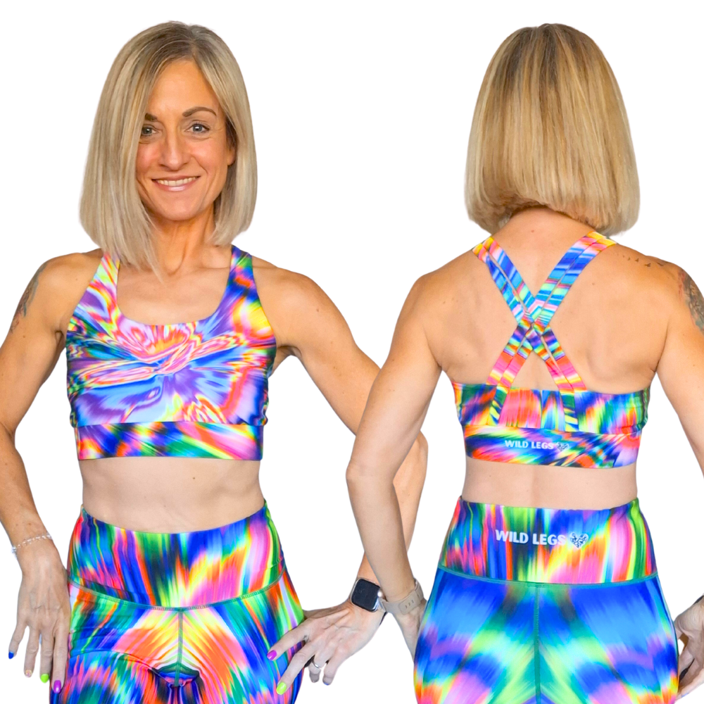 women wearing tie-dye neon sports bra and leggings, showing front and back