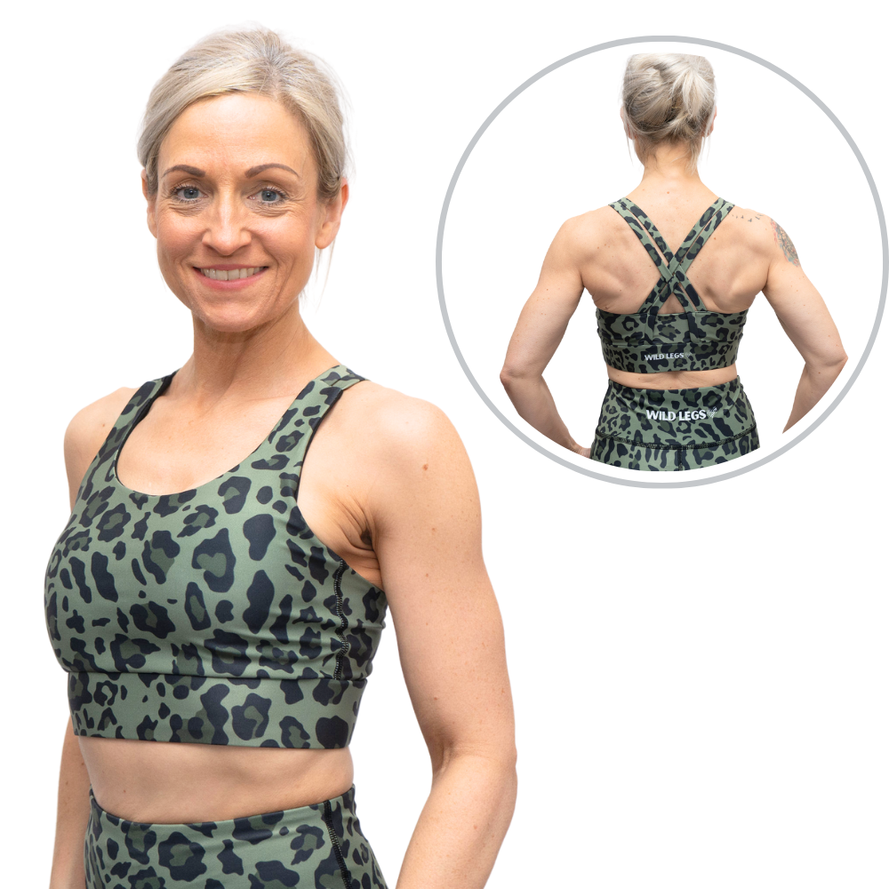 Woman wearing a green leopard print sports bra and leggings with a close-up of the back design.