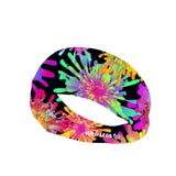 Colorful tie-dye headband with 'Wild Legs' branding on a white background