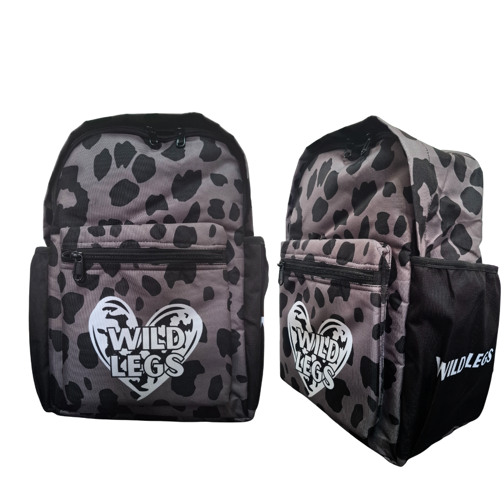 Leopard print backpack with 'Wild Legs' logo on a white background