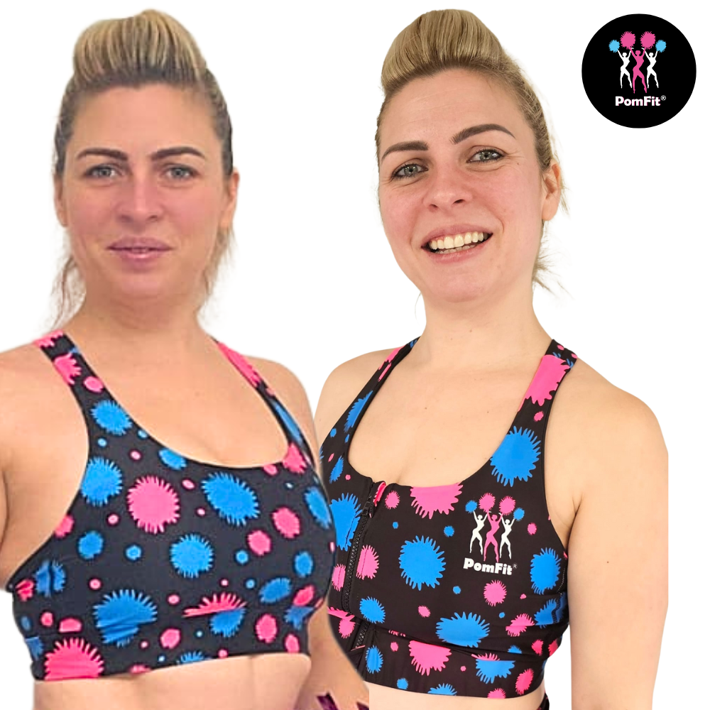 Two women wearing sports bras with a colorful pattern, featuring the PomFit brand logo.