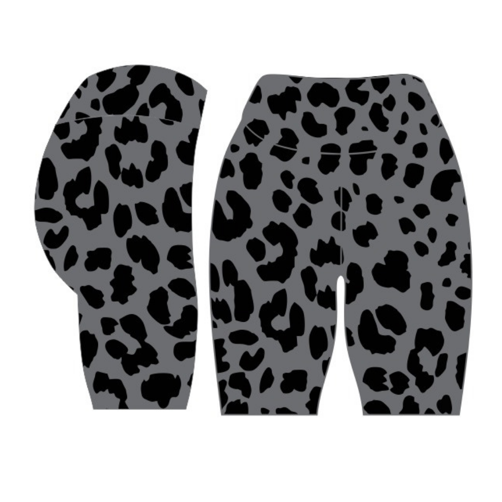 Gray leggings with black leopard print pattern on a white background
