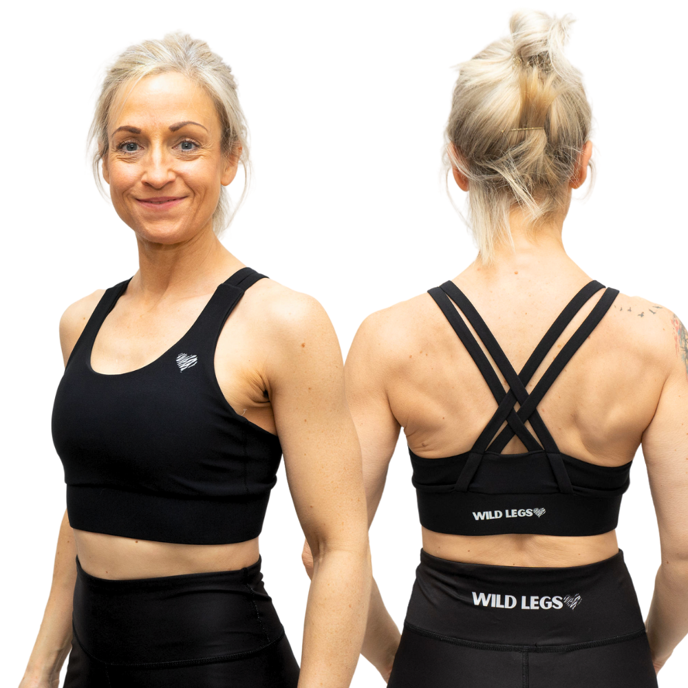 Woman wearing a black sports bra and leggings with 'Wild Legs' branding, showing front and back views.