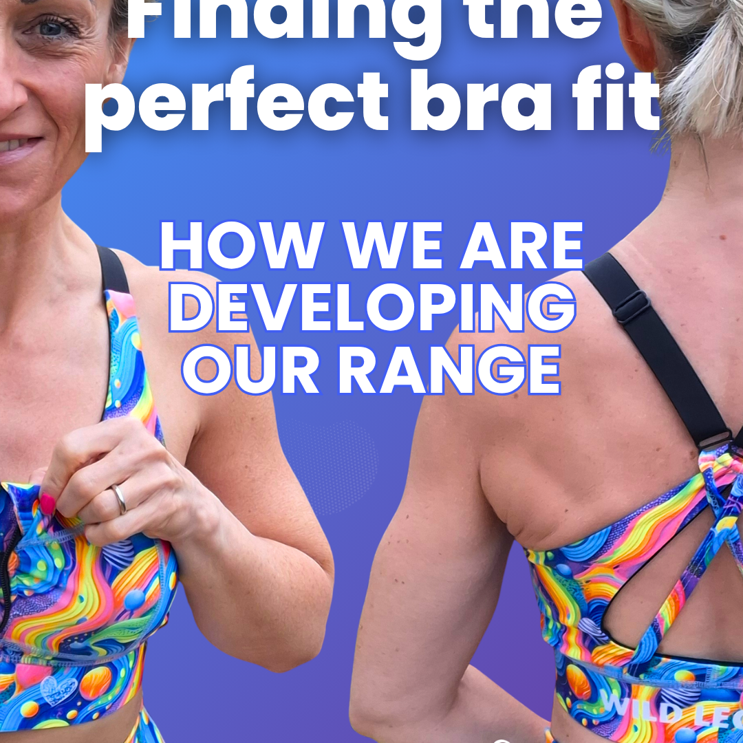 front fastening sports bra from the front and the back with adjustable straps, the wild legs logo and text