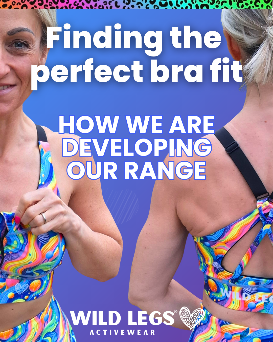 front fastening sports bra from the front and the back with adjustable straps, the wild legs logo and text