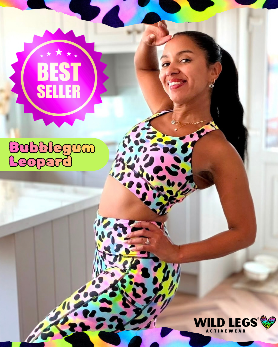 Women wearing pastel leopard print sports bra and leggings with a Best Seller symbol