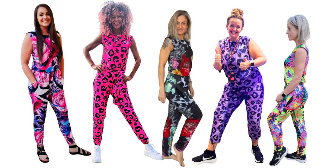 women wearing bright patterned jumpsuits