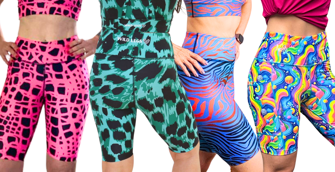 a group of people wearing longer length fitness shorts in bright colours on a white background