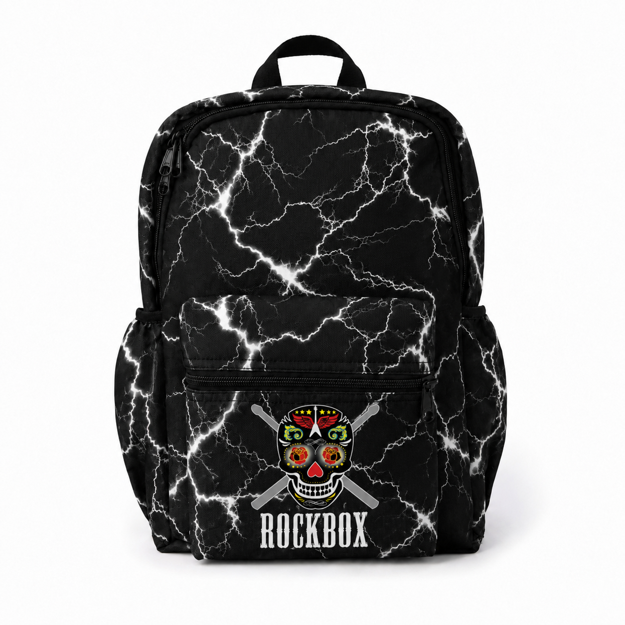 Black and white lightening design backpack with a colorful skull design and 'RockBox' text on a white background.