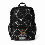 Black and white lightening design backpack with a colorful skull design and 'RockBox' text on a white background.
