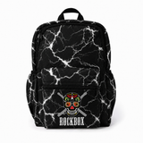 Black and white lightening design backpack with a colorful skull design and 'RockBox' text on a white background.