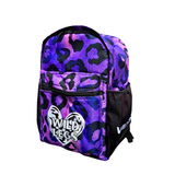 Purple Leopard Print Backpack with Wild Legs logo on a white background