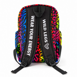 Colorful backpack with animal print pattern and text on a white background