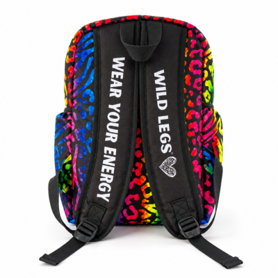 Colorful backpack with animal print pattern and text on a white background