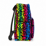 Backpack with a colorful leopard print pattern on a white background