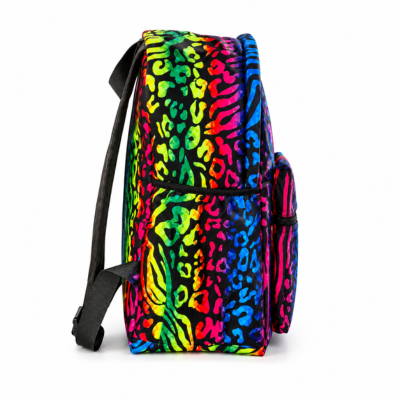Backpack with a colorful leopard print pattern on a white background