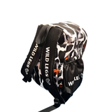 Animal print headscarf with 'Wild Legs' branding on a white background