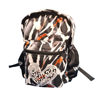 Animal Print Backpack with a heart design on a white background