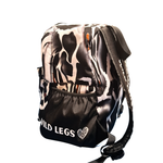 Camouflage-patterned backpack with 'Wild Legs' branding on a white background