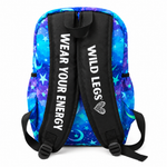 Backpack with starry design and 'Wear Your Energy' and 'Wild Legs' text on straps
