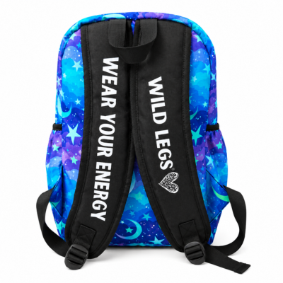 Backpack with starry design and 'Wear Your Energy' and 'Wild Legs' text on straps