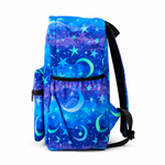 Blue backpack with star and moon pattern on a white background