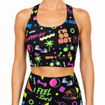 Black sports bra and shorts set with colourful text and 90s vibe graphics on a white background