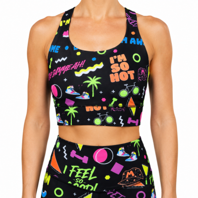 Black sports bra and shorts set with colourful text and 90s vibe graphics on a white background