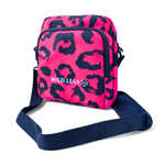 Pink and black patterned bag with 'Wild Legs' branding on a white background