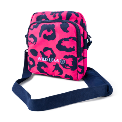 Pink and black patterned bag with 'Wild Legs' branding on a white background