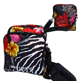 Floral and zebra patterned bag with 'Wild Legs' branding on a white background