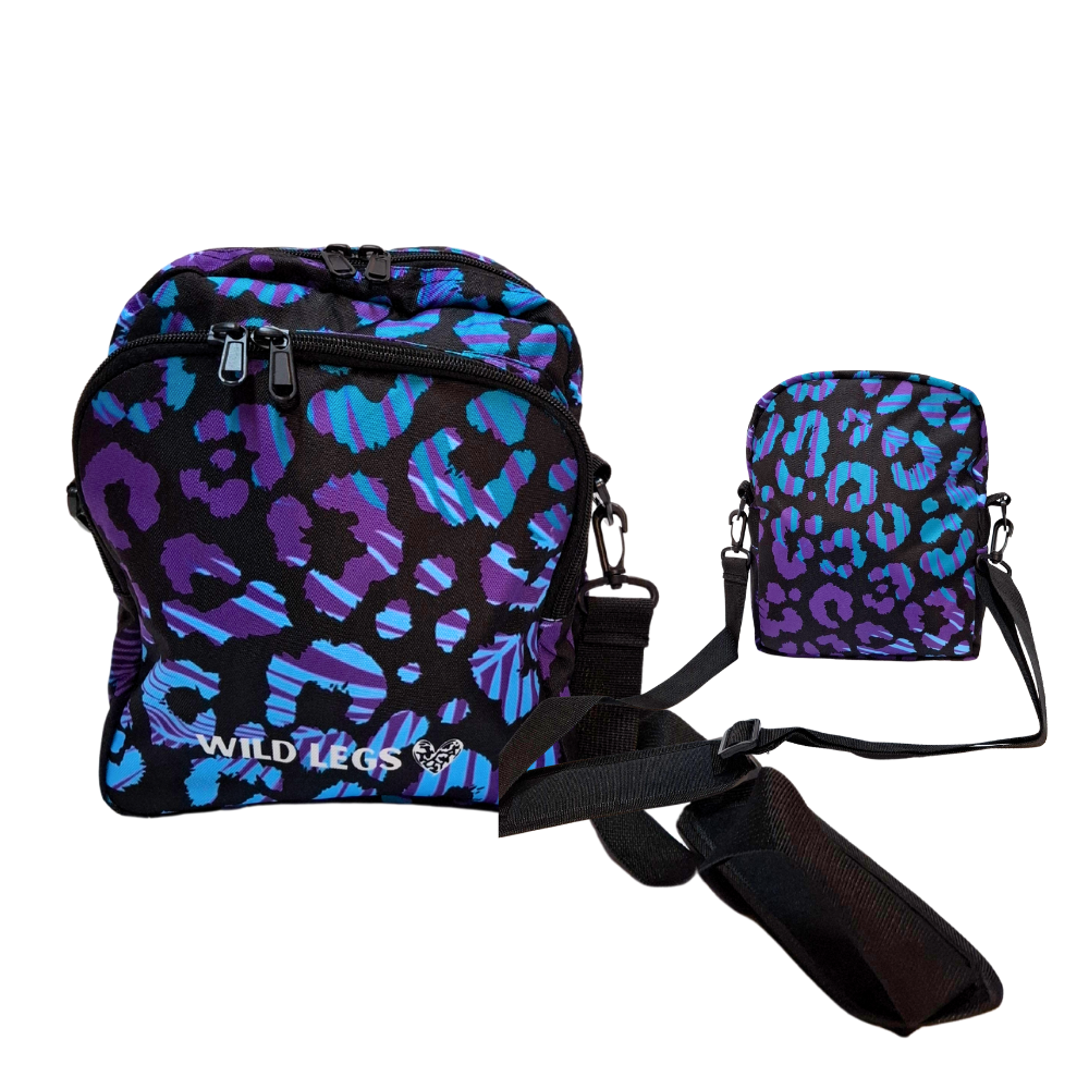 Black crossbody bag with blue and purple leopard print , showing front and back view on a white background.
