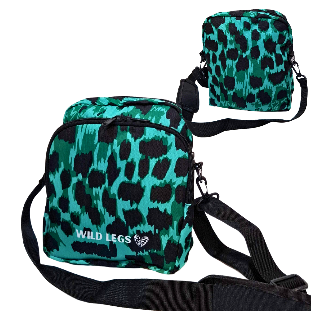 Emerald Leopard crossbody bag, showing the Wild Legs logo with a front and back view