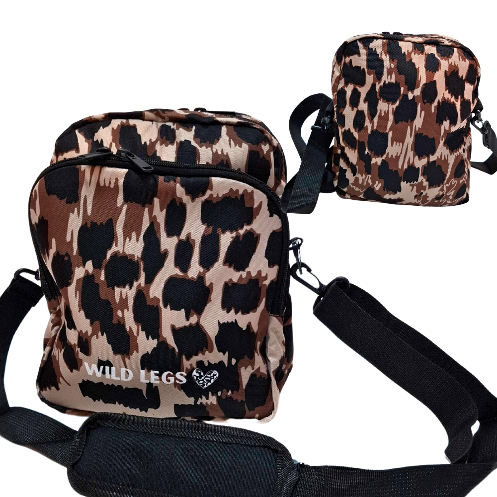 Leopard print bags with 'Wild Legs' branding on a white background