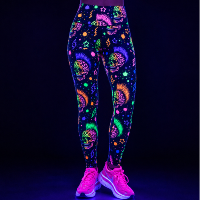 Blacklight-reactive leggings with a vibrant neon multicolour cosmic skull pattern, shown on a model from the waist down wearing pink trainers against a dark background.
