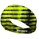 Neon yellow and black patterned fitness headband with 'Wild Legs' branding on a white background