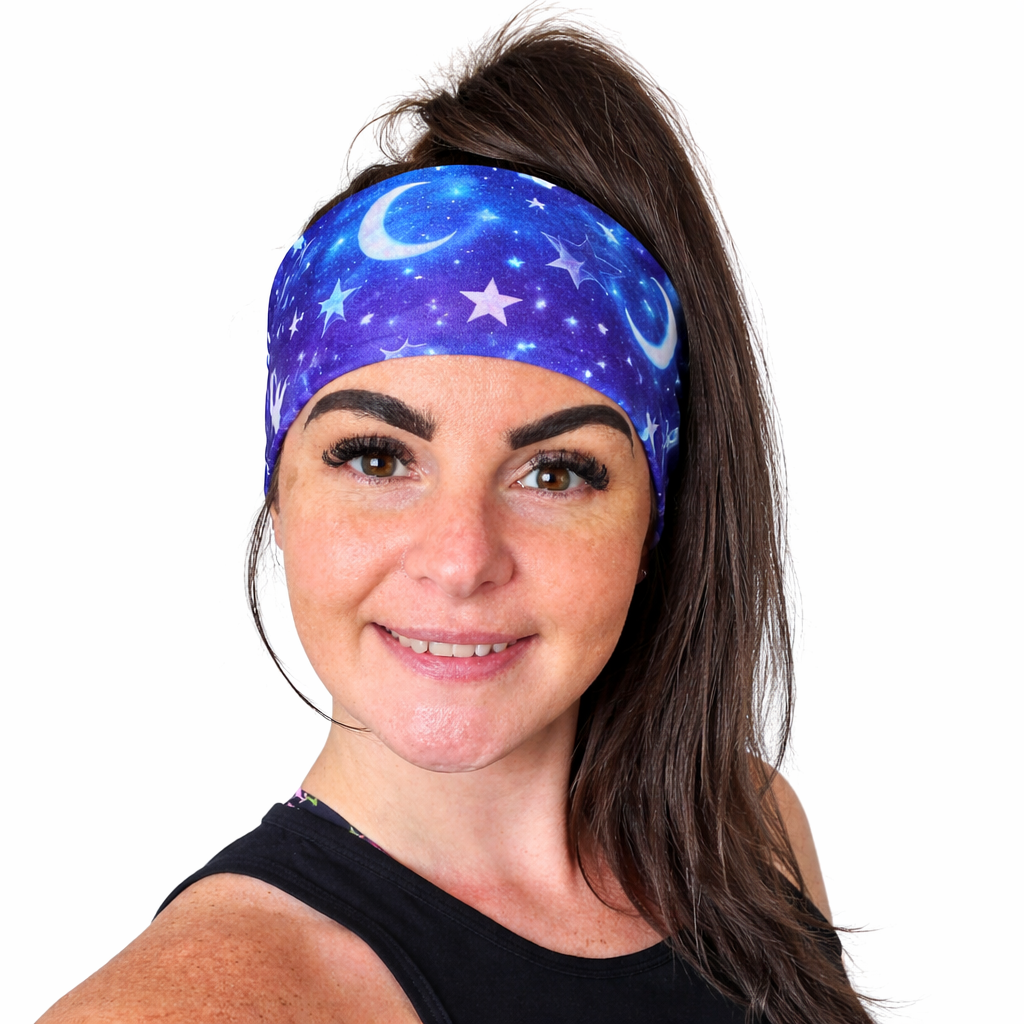 Celestial design headband on a woman  on a white background