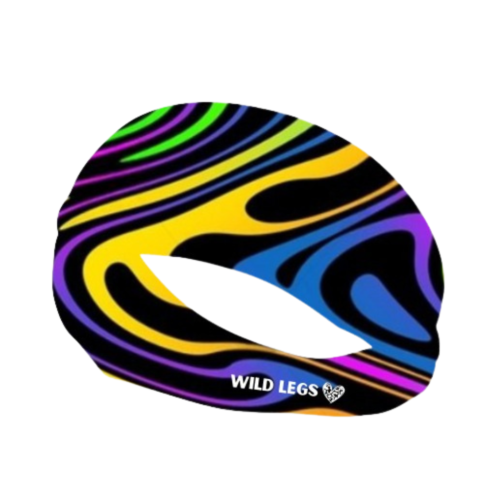 neon swirls pattern headband on a white back ground showing the 'Wild Legs' logo