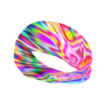 Colorful tie-dye headband with 'Wild Legs' branding on a white background