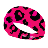 Pink and black leopard print head band with 'Wild Legs' branding on a white background